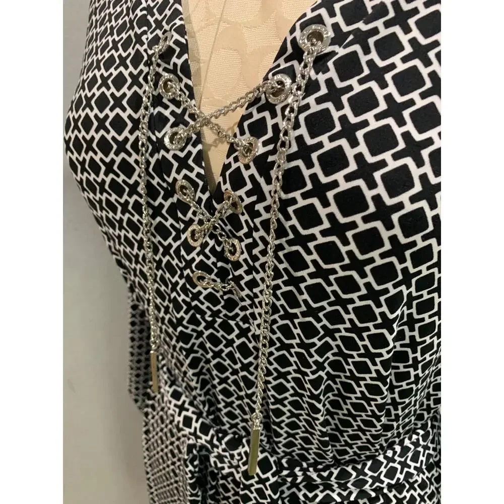 Size 1X Michael Kors Black White Belted Dress Chain Lace Up Neckline